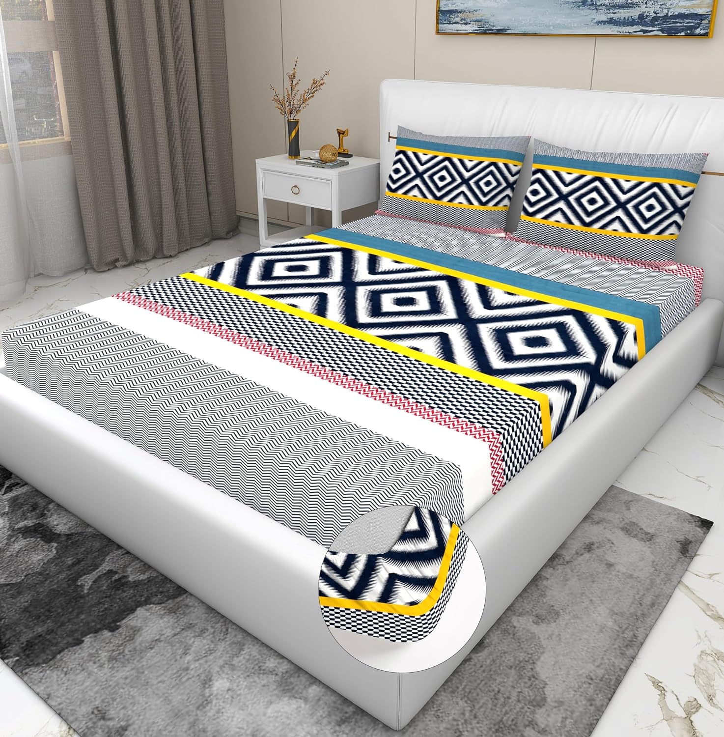 Elastic Fitted Bedsheet For King Size With 2 Pillow Covers - 72 X 78 X 8 Inches, Multicolor | Presents Luxurious Glace Cotton Super Soft 210 Thread Count