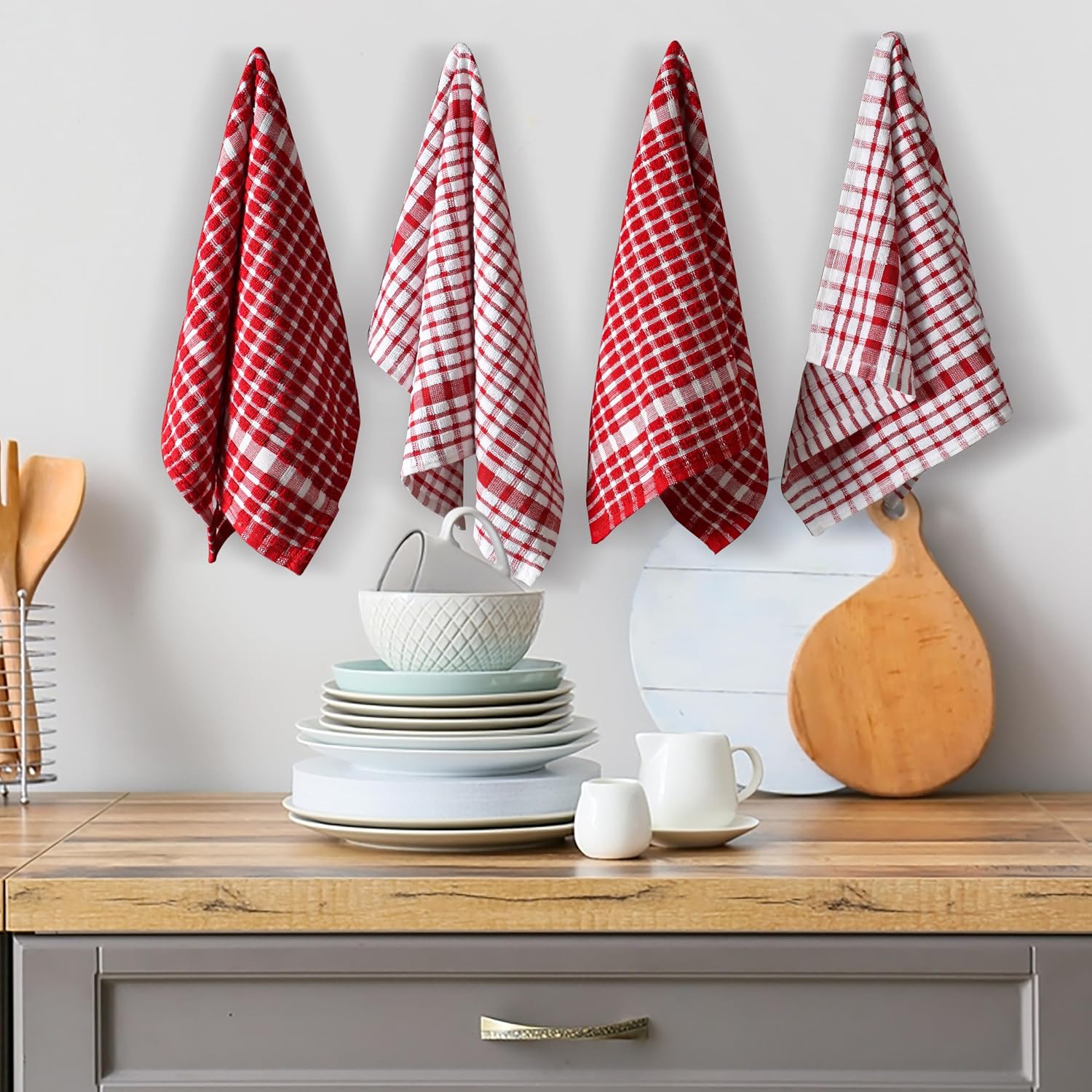 Texstyle Kitchen Cleaning Towel 400 Gsm | Soft & Absorbent Hand Towel For Kitchen Cleaning & Quick Drying Of Plates & Glasses (Red) - Set Of 4