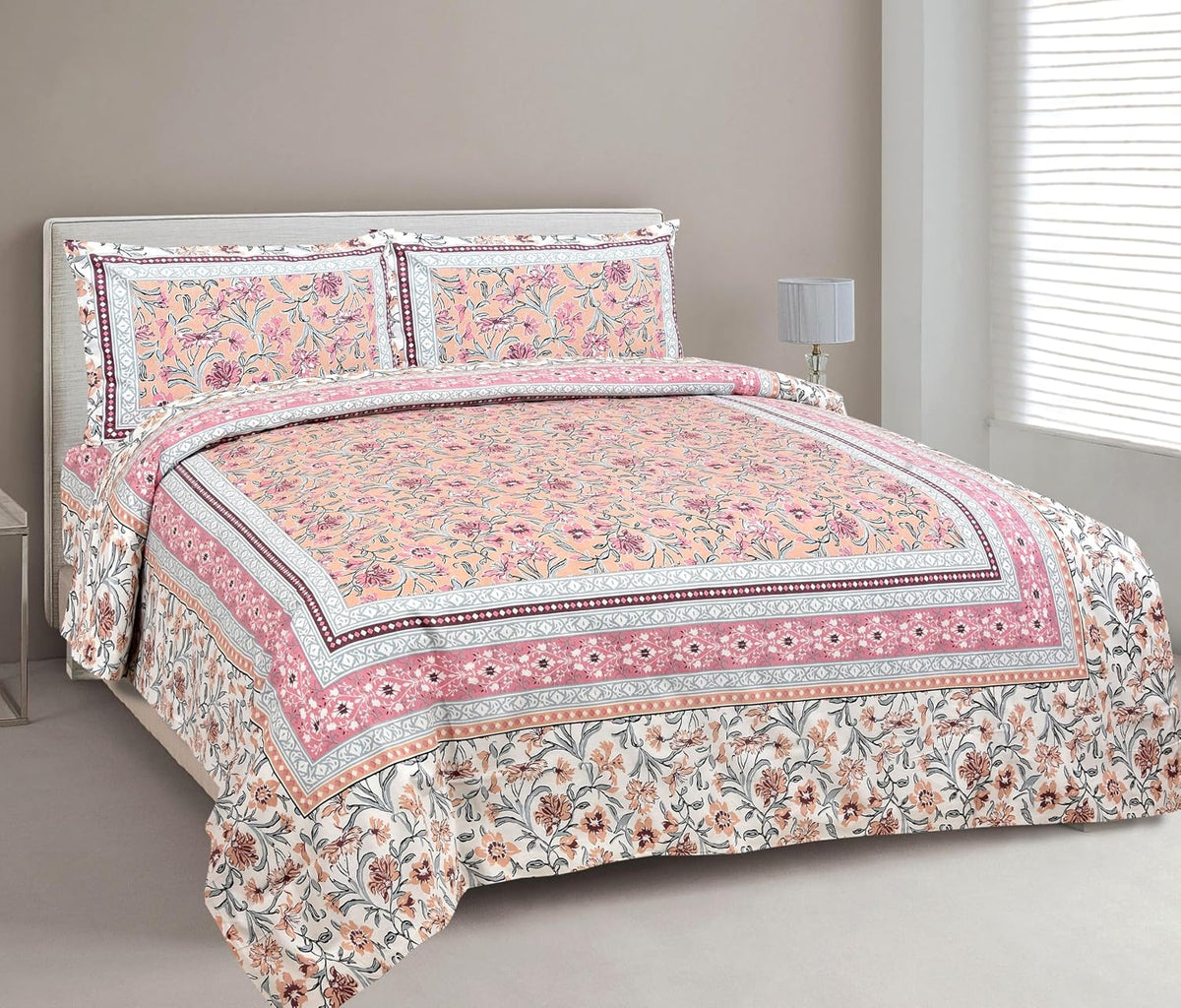 Traditional Rajasthani Design Bedsheet With 2 Pillow Covers - 90 X 108 Inches, Peach & Pink | Color Fade Resistant & Shrinkage Resistant For All-Season Use