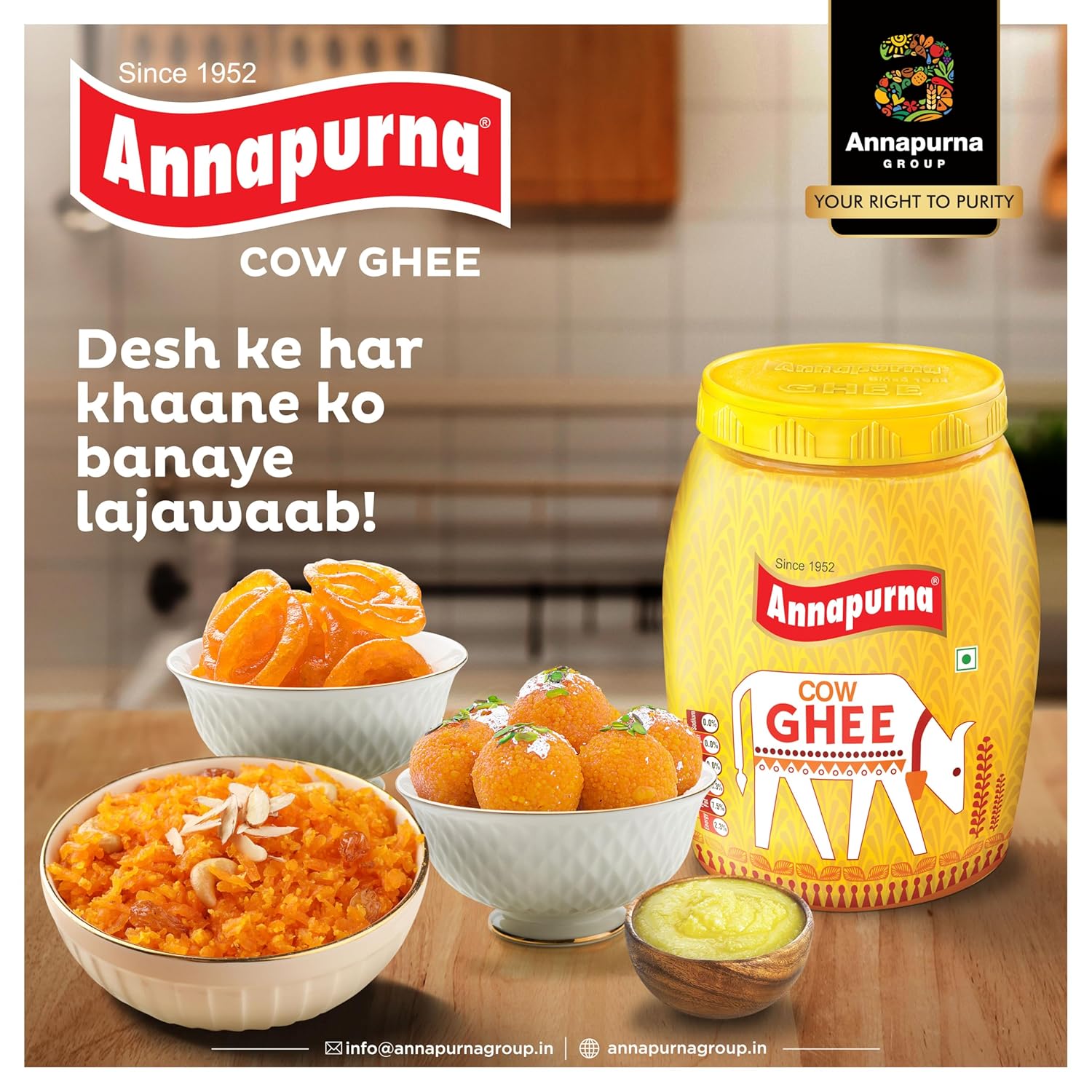 Premium Pure Cow Ghee By Annapurna | Rich In Vitamin A, D, E & K Healthy Nutrients Pure Desi Ghee Protact Your Eyesight | (1 Litre) 33.8 Ounce | Jar Pack