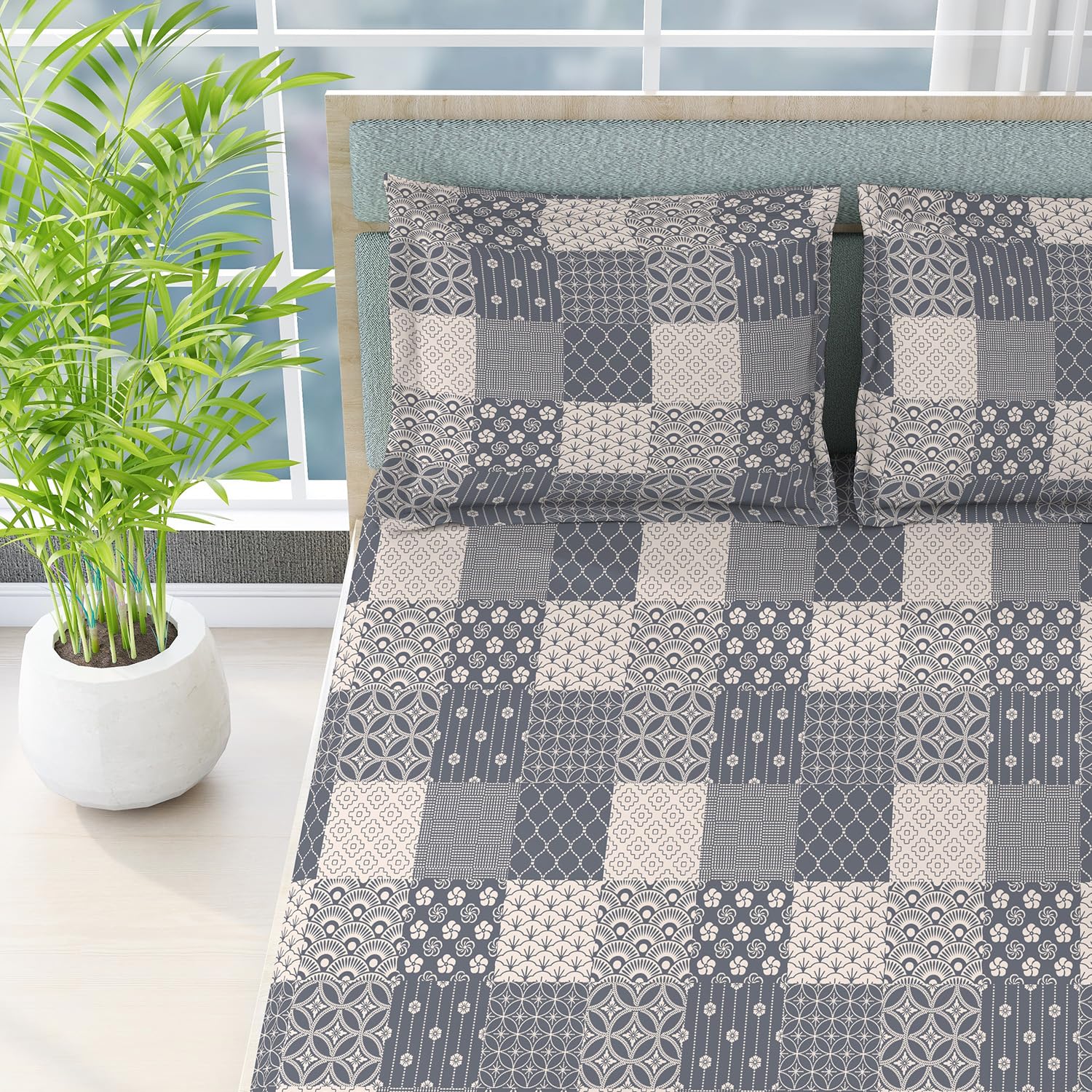 Cotton Bedsheet For King Size With Pillow Cover Set - 108x108 Inches, Grey | Breathable & Light Weight, All Season Comfort-Ideal For Daily Use & Gifting Bedsheet