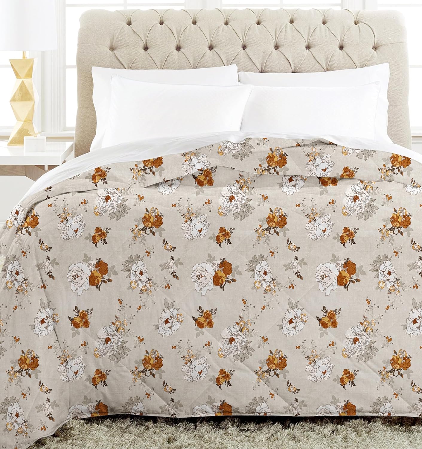 1 Double Bedsheet & 2 Pillow Covers With 1 Comforter Set - 90 X 100 Inches, Off White & Brown | Super Soft Glace Cotton King Size - 4 Pcs Bedding Set | Perfect Gifts Set Wedding, Anniversary