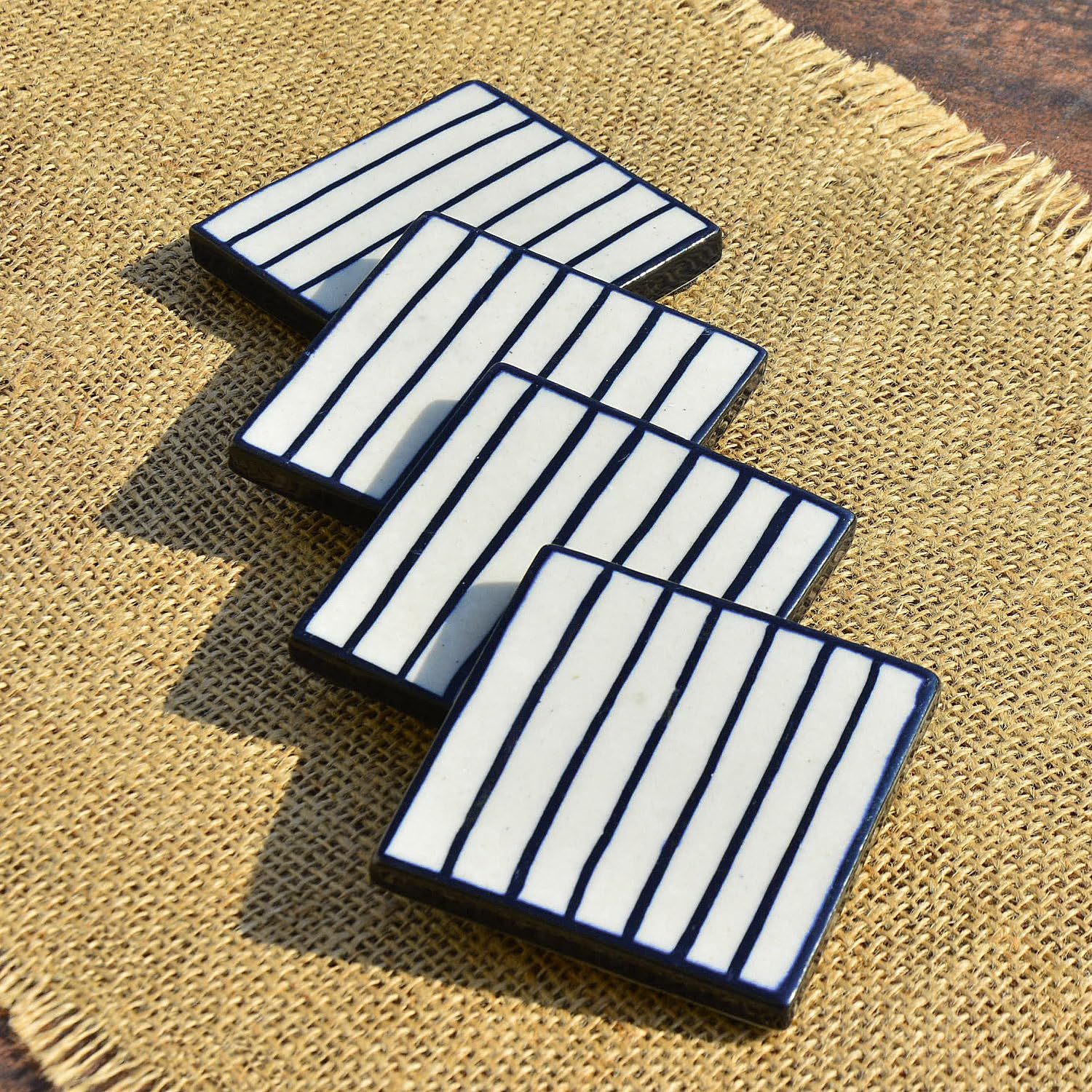 Studio Pottery Ceramic Tea & Coffee Square Coasters Set Of 4 - White & Black | Dining Table Coasters - Bar Accessories