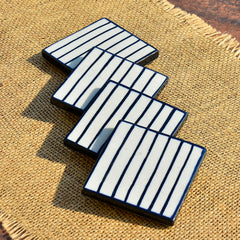 Studio Pottery Ceramic Tea & Coffee Square Coasters Set Of 4 - White & Black | Dining Table Coasters - Bar Accessories