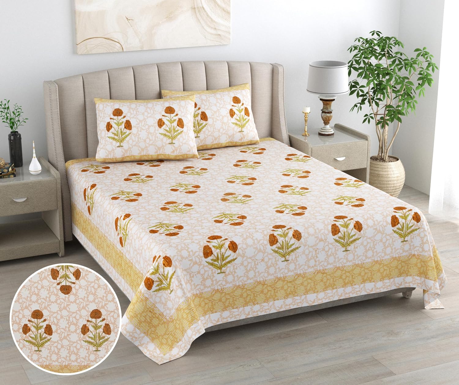 Printed Cotton Double Bedsheet For King Size With 2 Pillow Covers (95 X 108 Inches) Yellow & Mustard | 240 Thread Count - Pure Cotton Natural Fabric & Skin-Safe | Extra Soft & Wrinkle Free