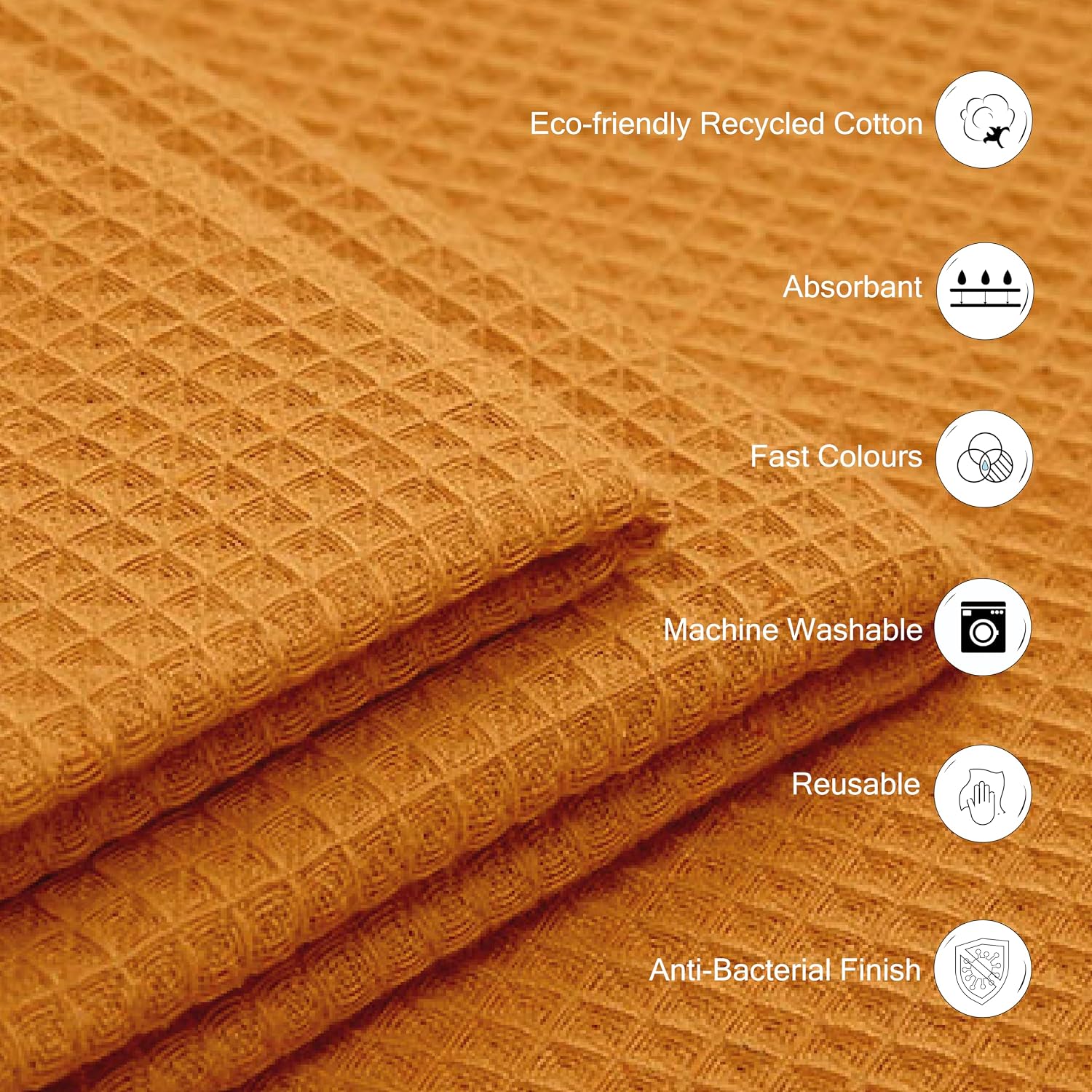 Encasa Xo Kitchen Hand Towels Set 350 Gsm | Waffle Weave & Flat Hand Towel | Quick Drying Reusable Cotton Washcloths | Set Of 12 (Gold)