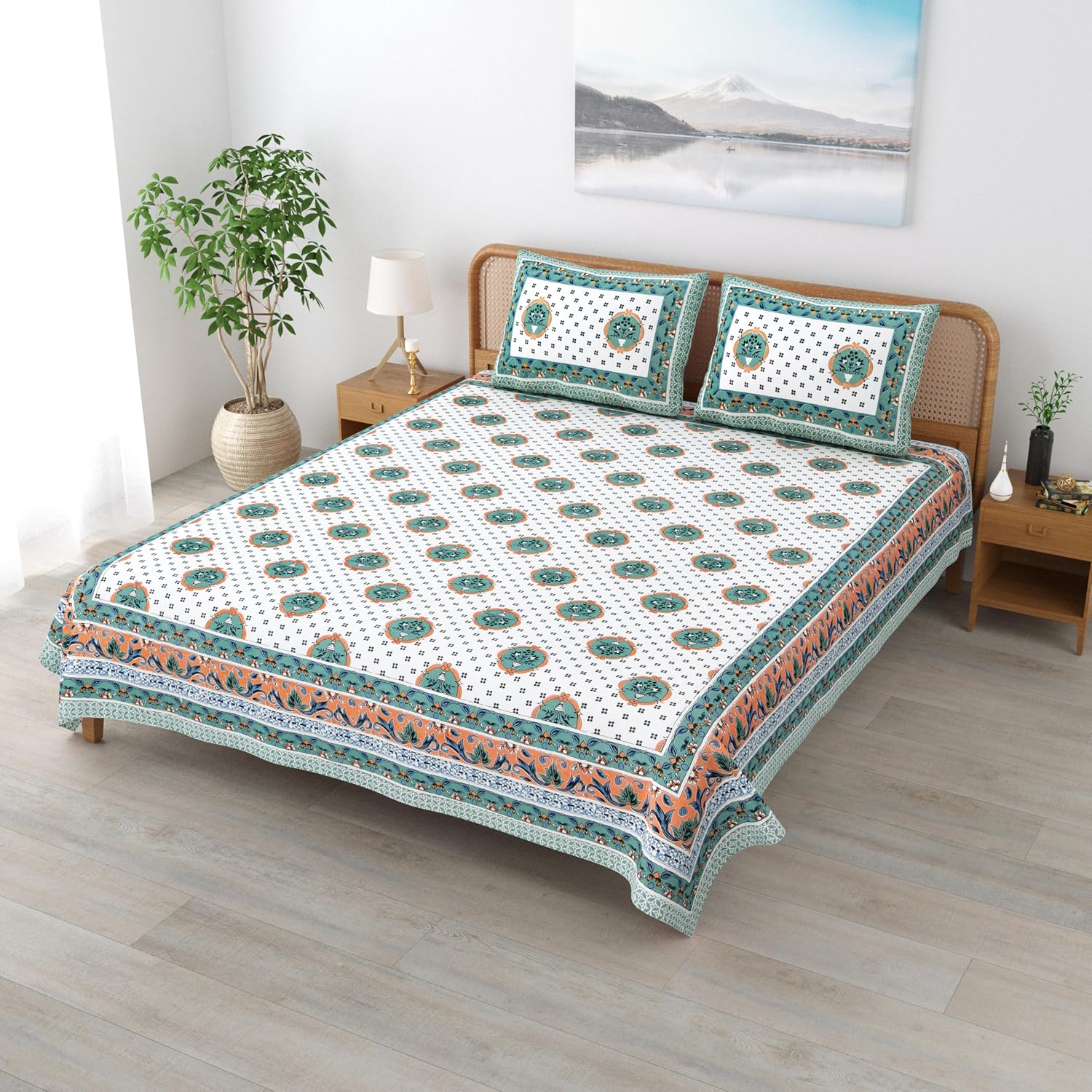 Sanskriti Bedsheet For Double Bed King Size With 2 Pillow Cover - 90 X 108 Inches, Green & White | Soft, Durable & Stylish | Breathable & Skin-Friendly