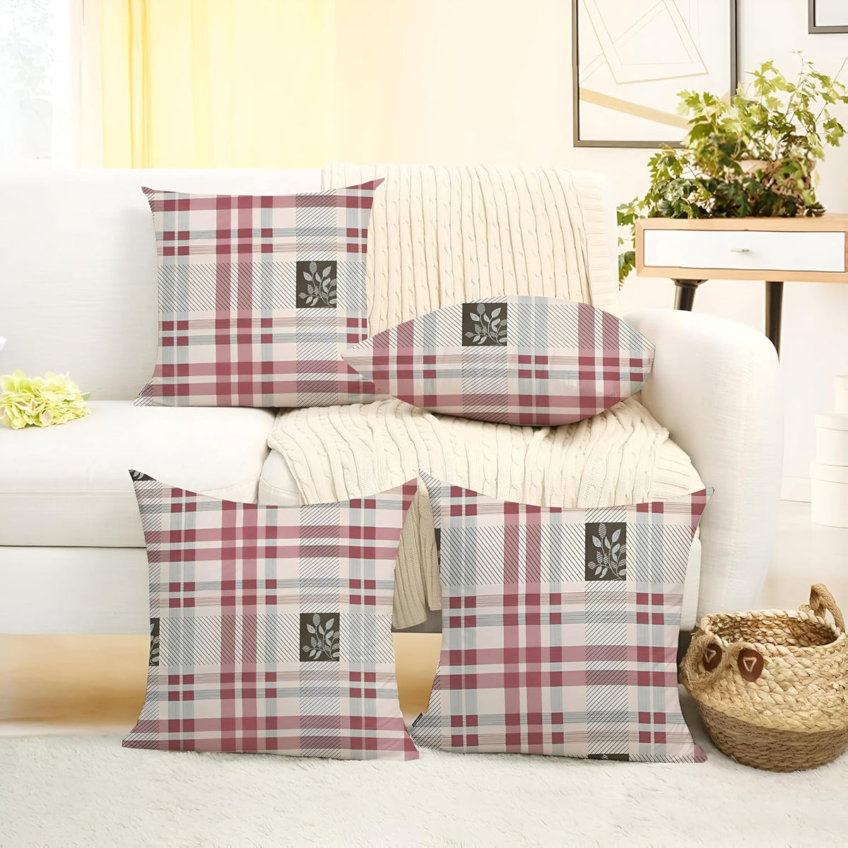 Microfiber Square Pillow Cushion For Sofa & Bed, Maroon & Black - 24 X 24 Inch | Fluffy For Comfort & Back Support | Premium Cotton Cushion Cover With Zip, Neck Support - Set Of 4