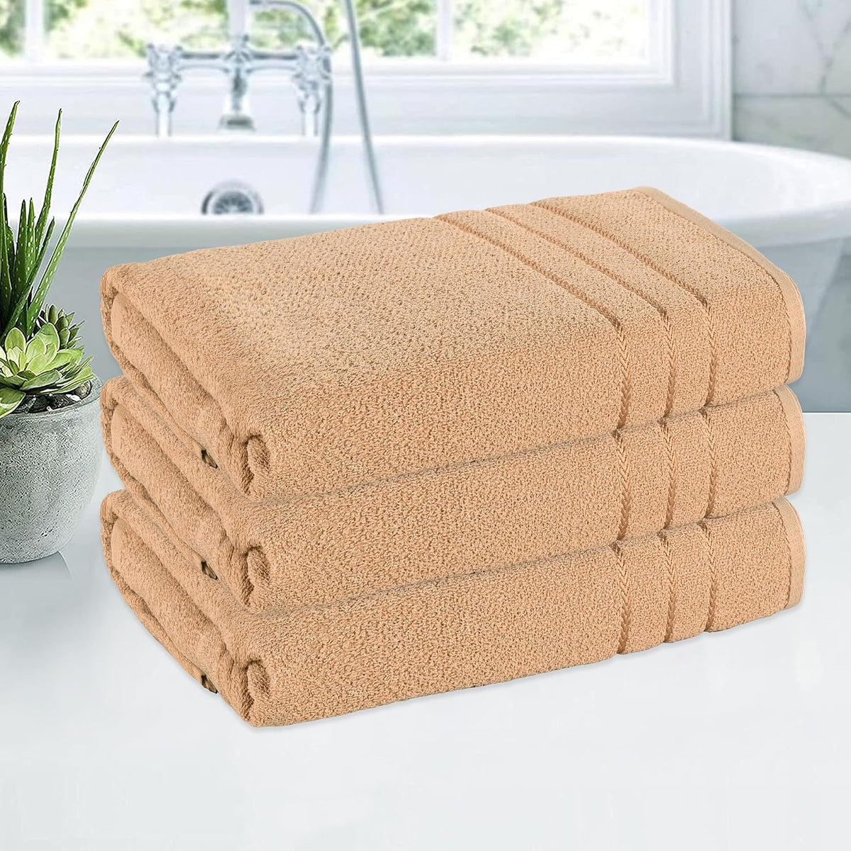 Kuber Industries Bath Towel 1350 Gsm | Towel For Bath, Gym, Travel & Beach | Plain Lining (Light Brown)- Pack Of 3