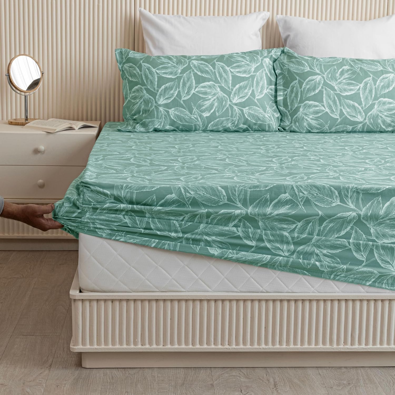 Perfect King Size Bedsheet With Two Matching Pillow Cover - 84 X 78 Inches, Aqua Green | All Around Elastic Fitted Bedsheet | Wrinkle Free