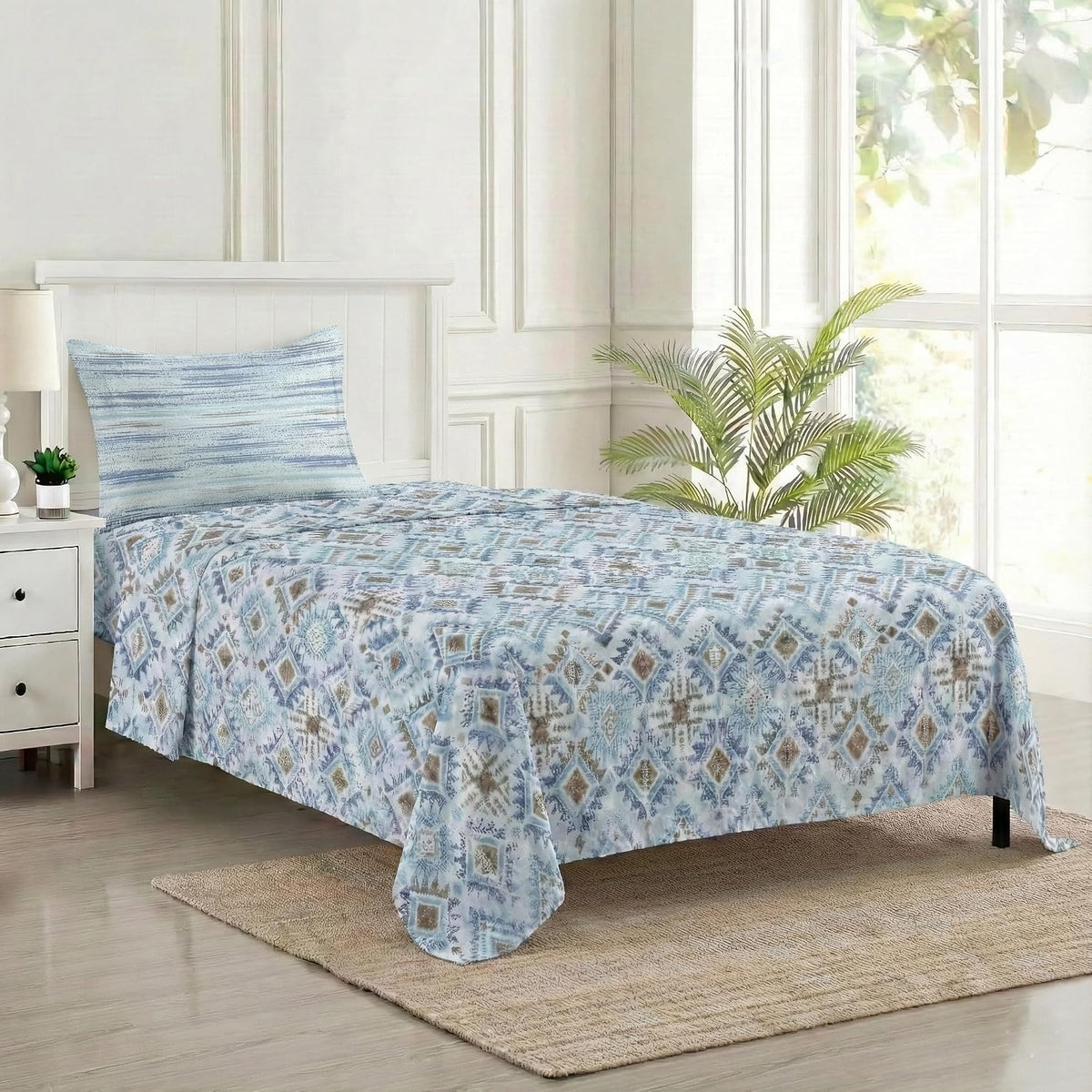 Cotton Printed Single Flat Bedsheet With 1 Pillow Cover - 60 X 100 Inches, Beige & Sky Blue | Breathable & Skin Friendly Bedsheet | Ideal For Year Round Use