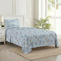 Cotton Printed Single Flat Bedsheet With 1 Pillow Cover - 60 X 100 Inches, Beige & Sky Blue | Breathable & Skin Friendly Bedsheet | Ideal For Year Round Use