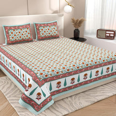 Double Bedsheet For King Size With 2 Matching Pillow Covers (90 X 108 Inches) Green & Red | Pure Cotton Jaipuri Bedsheet | Cotton Bedsheet Is Suitable For All Seasons