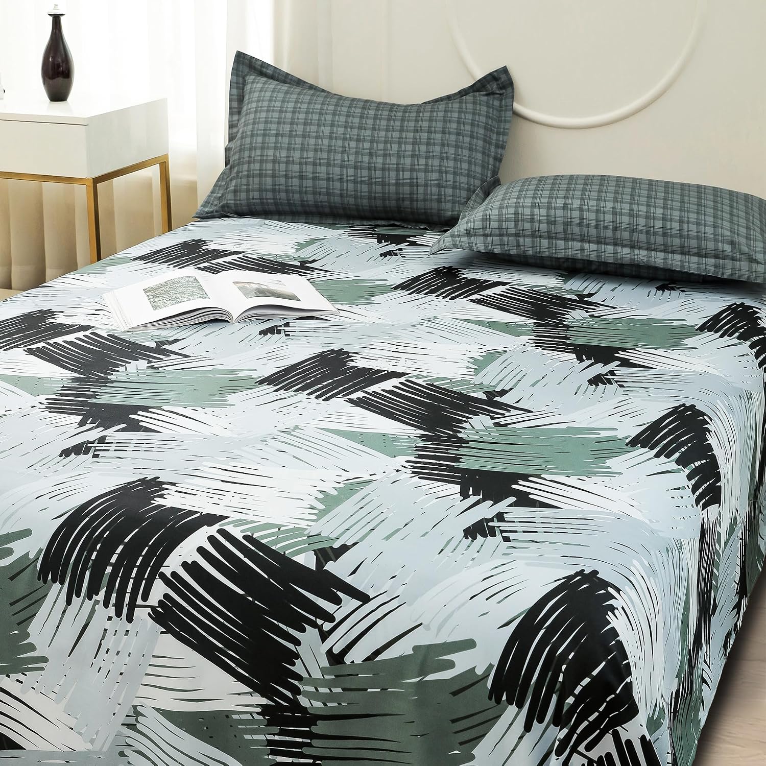 Bedsheets For Double Bed With 2 Pillow Cover - 92 X 98 Inches, Army Green & Grey | Satin Finish Microfiber Queen Size Bedsheet | Skin Friendly & Breathable Fabric
