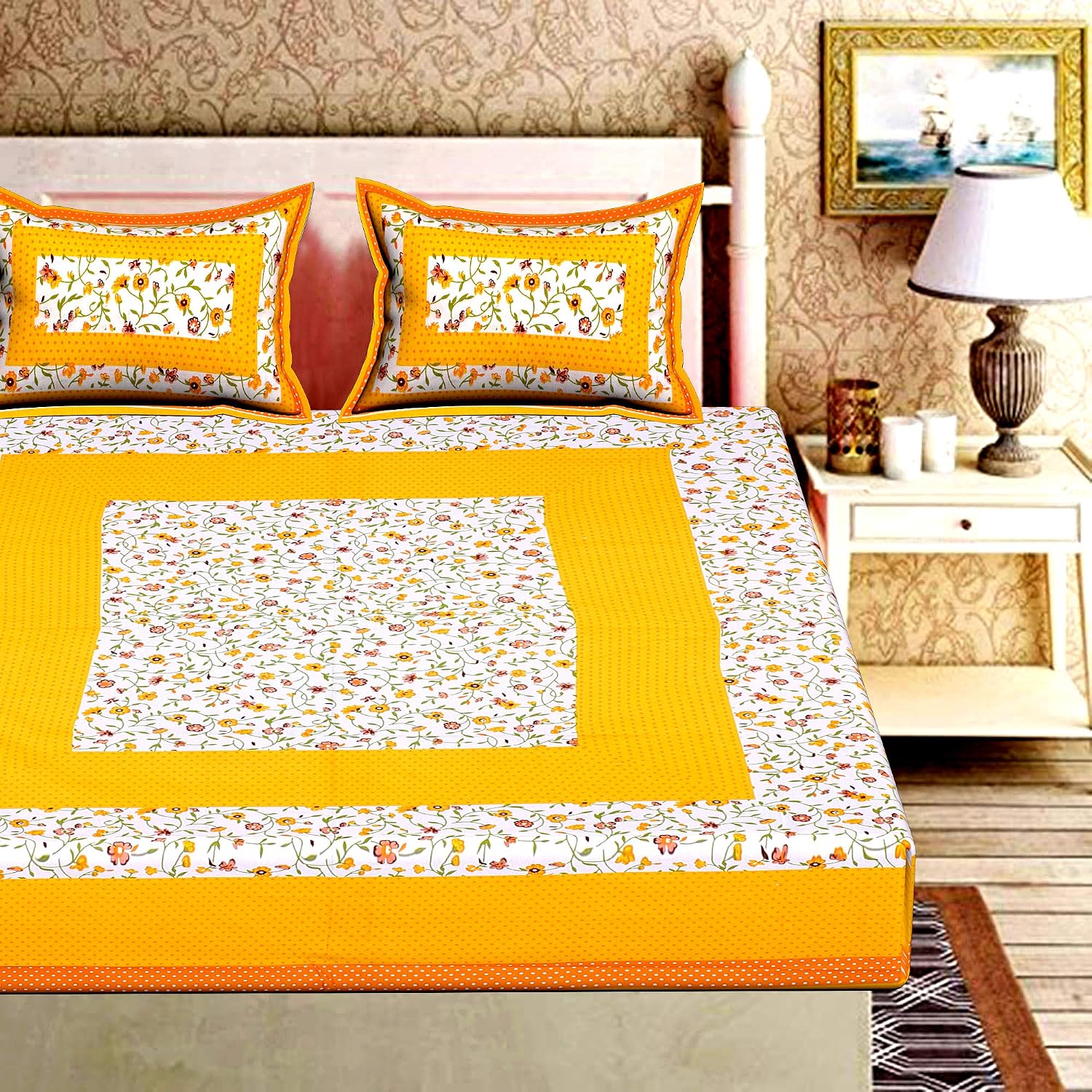 Pure 100% Cotton Double Bed Sheet With 2 Pillow Covers - 90 X 100 Inches, Yellow & White | Beautifully Handcrafted Traditional Bedsheets - Skin Friendly Fabric