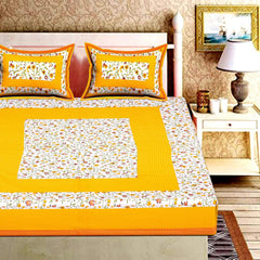 Pure 100% Cotton Double Bed Sheet With 2 Pillow Covers - 90 X 100 Inches, Yellow & White | Beautifully Handcrafted Traditional Bedsheets - Skin Friendly Fabric