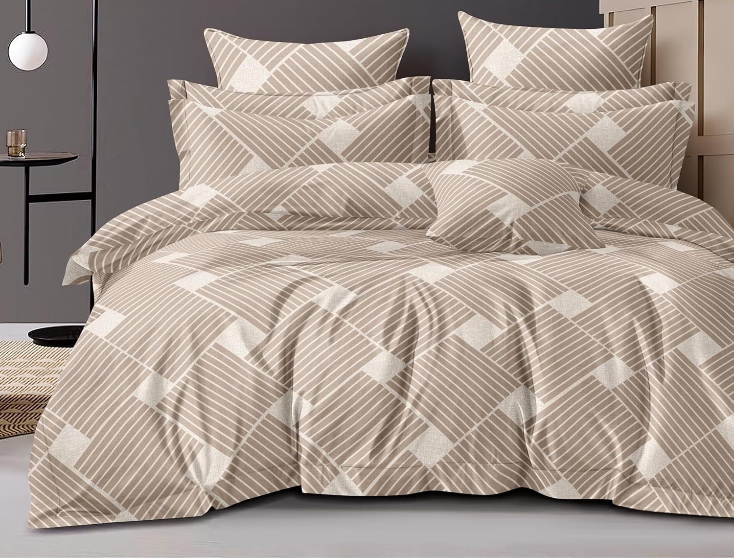 Cotton Elastic Fitted Printed Queen Size Double Bed Bedsheet With 2 Pillow Cover | 60 X 78 Inches, Beige - Soft Touch, Wrinkle Resistant, Skin Friendly