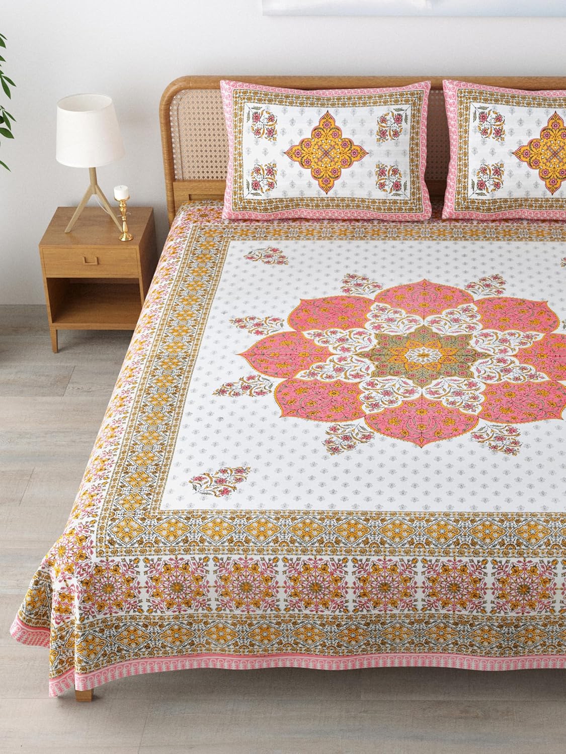 Traditional Rajasthani Cotton Bedsheet For King Size With 2 Matching Pillow Cover | 90 X 108 Inches, Rose Pink & White | Soft & Comfortable Fabric