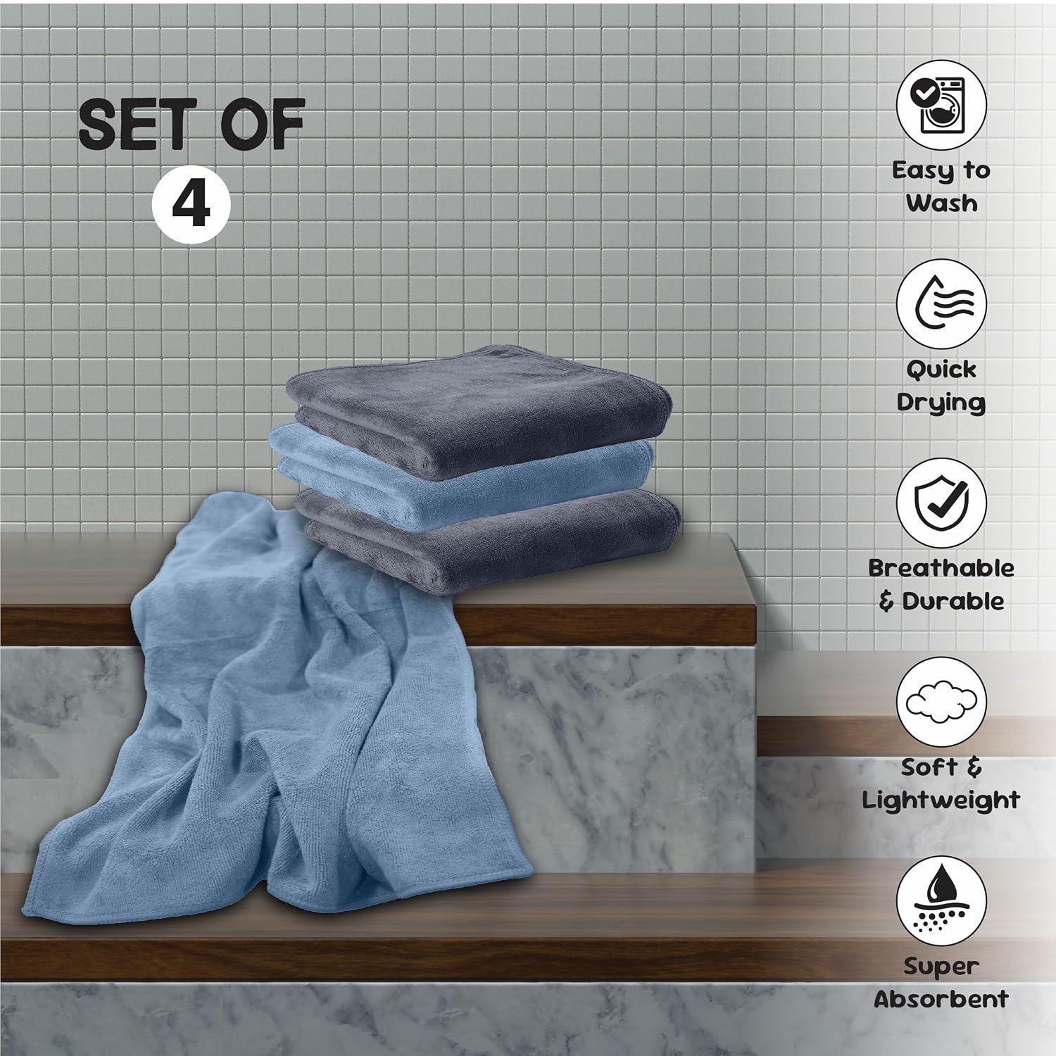 Housse Microfiber Hand Towel 800 Gsm | Premium Quality Towels Ultra Absorbent & Anti-Bacterial For Gym (Steel Grey & Indian Teal) - Pack Of 4
