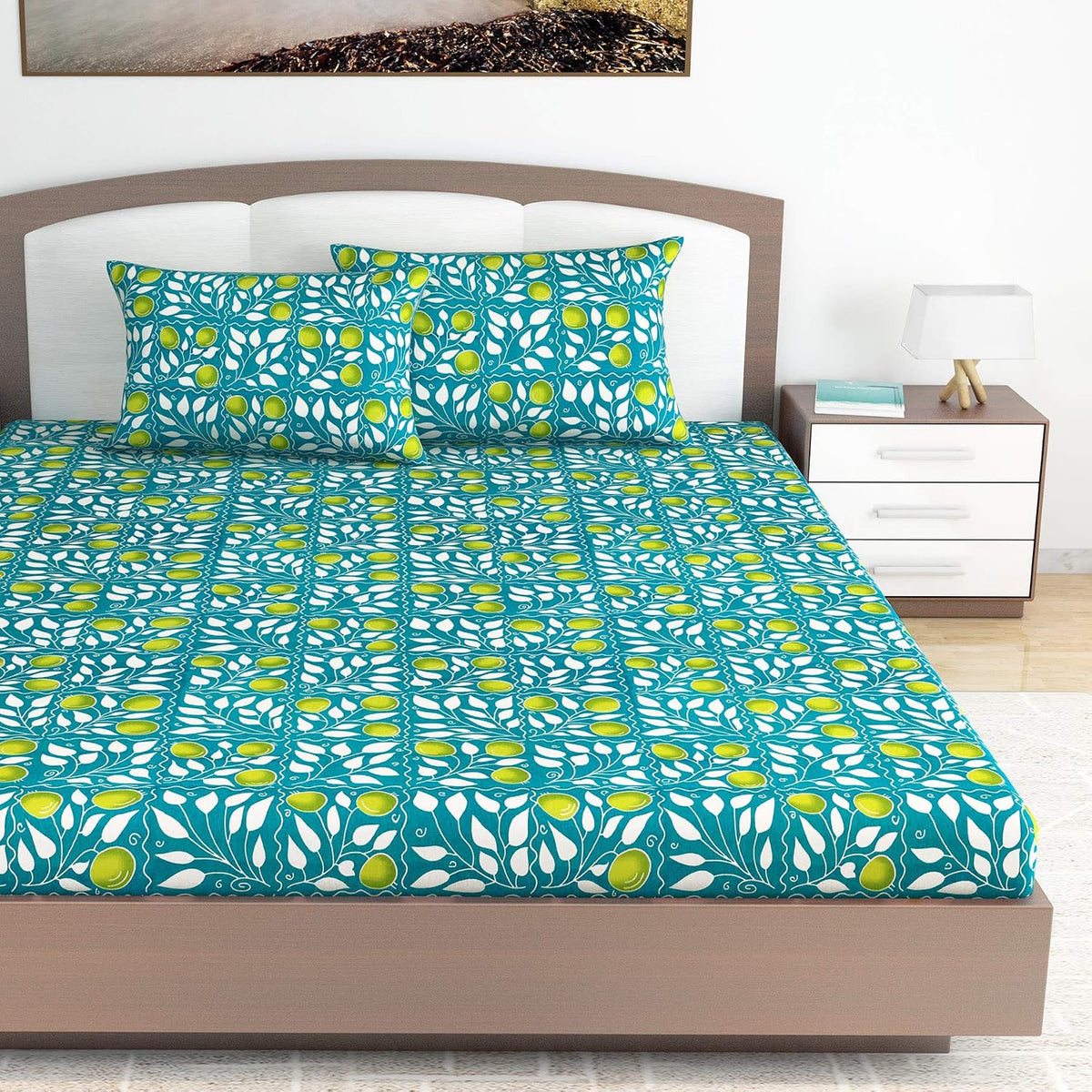 100% Cotton Double Bedsheet For King Size With 2 Pillow Covers | 108 X 108 Inches, Teal & Yellow - Perfect For Home, Guest House, Hotel | Soft, Breathable & Comfortable