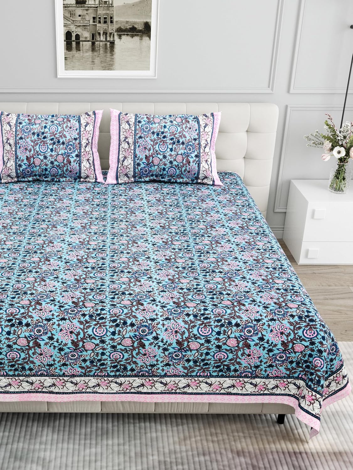 Pure Cotton King Size Bedsheet 2 Matching Pillow Covers | 100x108 Inches, Multicolor | Traditional Jaipuri Printed Bedsheet | Ideal Wedding Gift, Housewarming, Special Occasion Surprise