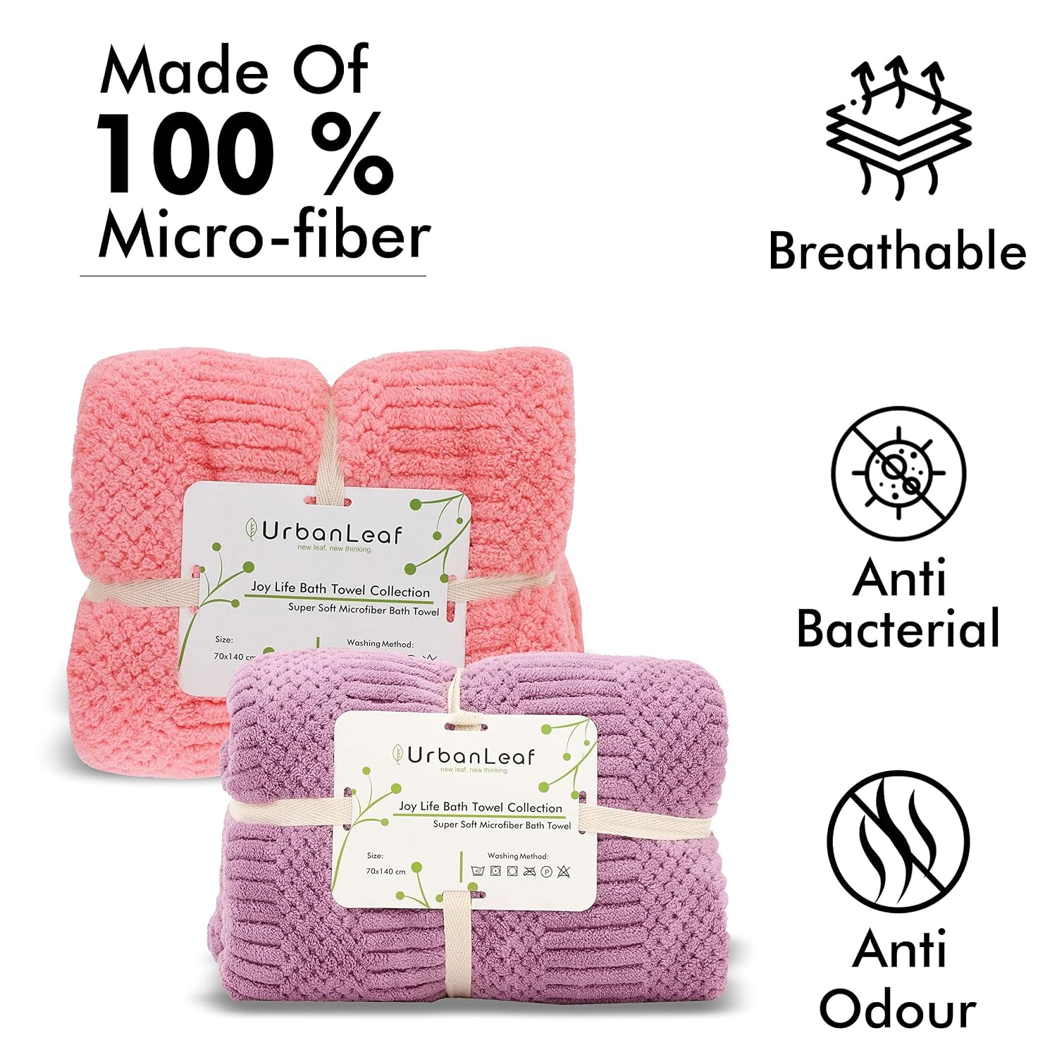 Urbanleaf Microfiber Large Bath Towel 600 Gsm | Quick Dry Super Absorbent Bath Towel For Men & Women | Pack Of 2 (Pink & Purple)