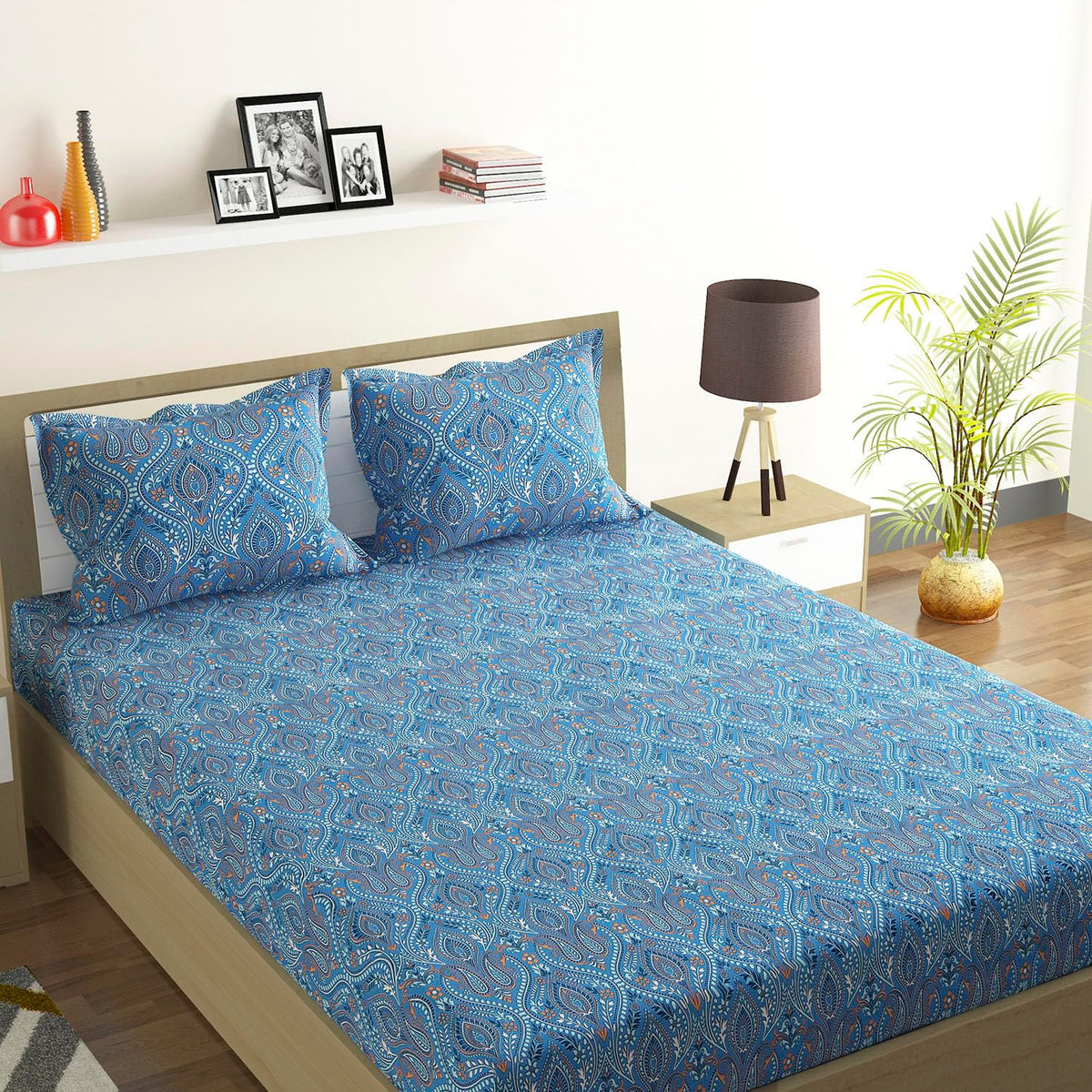 Cotton Rich Double Bedsheet With 2 Pillow Covers - 82 X 84 Inches, Blue & White | Skin Friendly Fabric For Everyday Comfort - Perfect Gifting For Wedding Anniversary