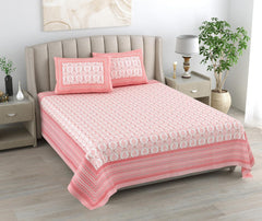 1 Queen Size Bedsheet For Double Bed With 2 Pillow Covers (90 X 108 Inches) White & Pink | Beautiful Printed Designs - Breathable 100% Cotton Bedsheet Comfortable