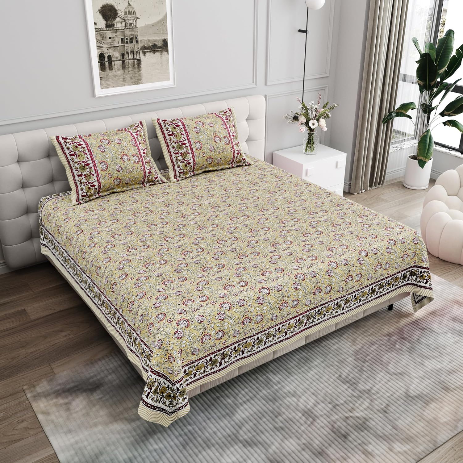 Pure Cotton King Size Bedsheet 2 Matching Pillow Covers | 100x108 Inches, Multicolor | Traditional Jaipuri Printed Bedsheet | Ideal Wedding Gift, Housewarming, Special Occasion Surprise