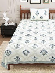 Cotton Single Bedsheet For Single Bed With 1 Pillow Cover - 60 X 90 Inches, White & Blue | 240 Thread Count - Breathable & Lightweight | Perfect For All-Season Use