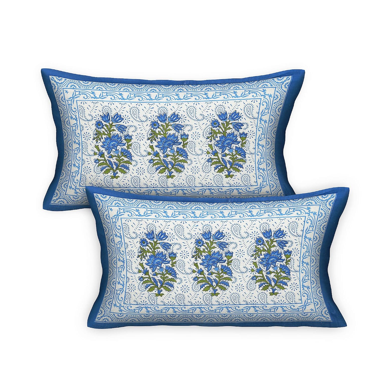 Pure 100% Cotton Double Bed Sheet With 2 Pillow Covers - 90 X 100 Inches, Blue & White | Beautifully Handcrafted Jaipuri Bedsheets - Skin Friendly Fabric