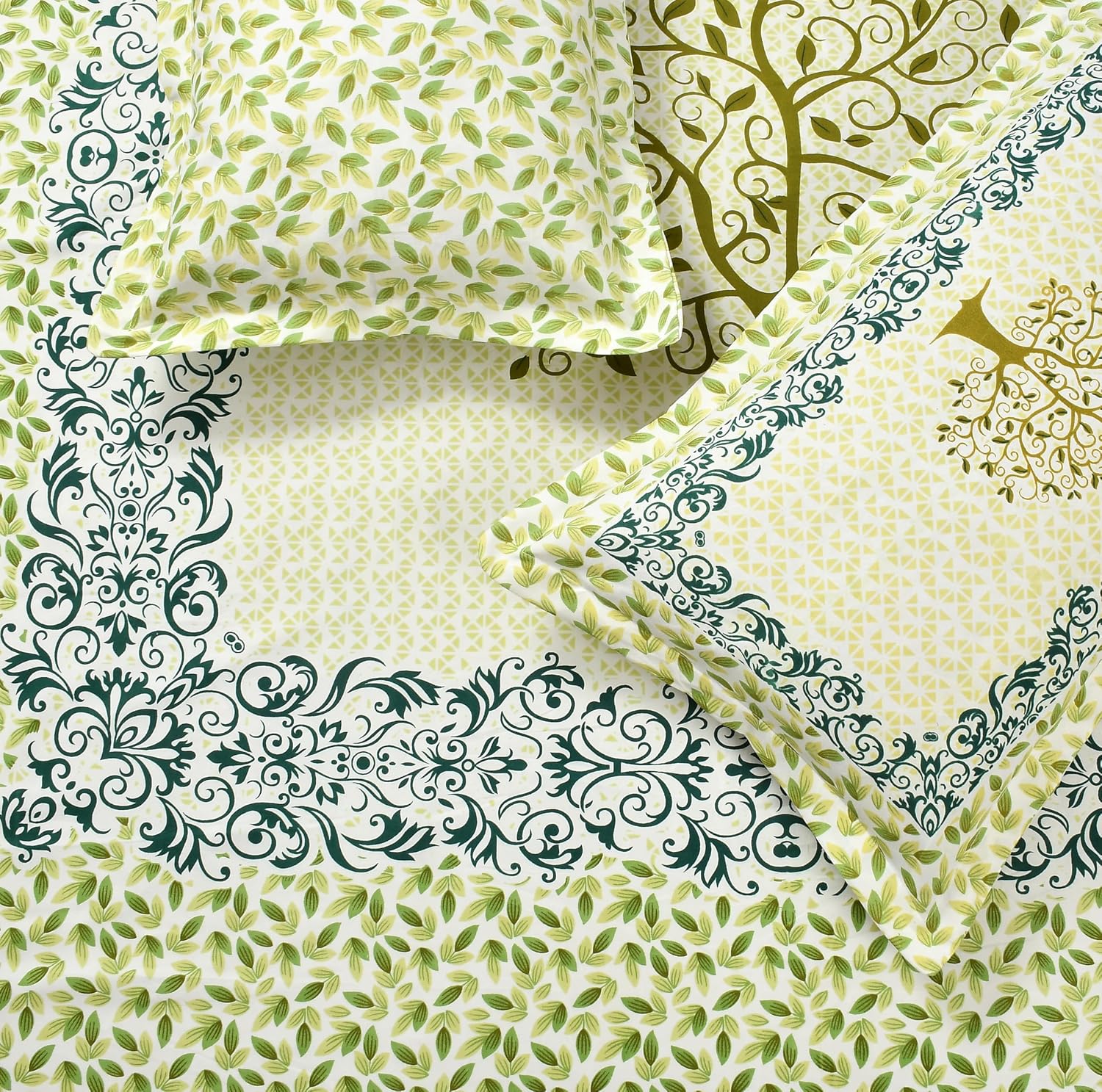 100% Cotton Double Bedsheet With 2 Pillow Covers - 90 X 90 Inches, Light Green | Printed Traditional Rajasthani Jaipuri Pattern Floral Double Bedsheet