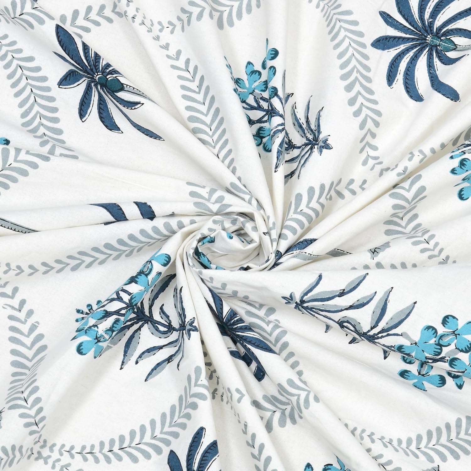1 Queen Size Bedsheet For Double Bed With 2 Pillow Covers (90 X 108 Inches) White & Sky Blue | Floral Print Designs - Breathable 100% Cotton Bedsheet Comfortable