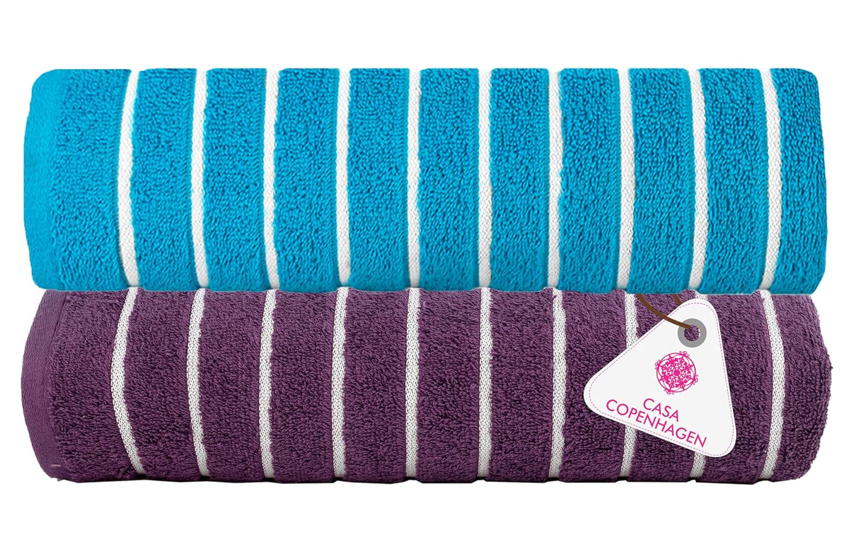 Casa Copenhagen Designed In Denmark Estatic Super Soft 2 Pieces 100% Cotton Large Bath Towel - Teal Blue & Dark Purple