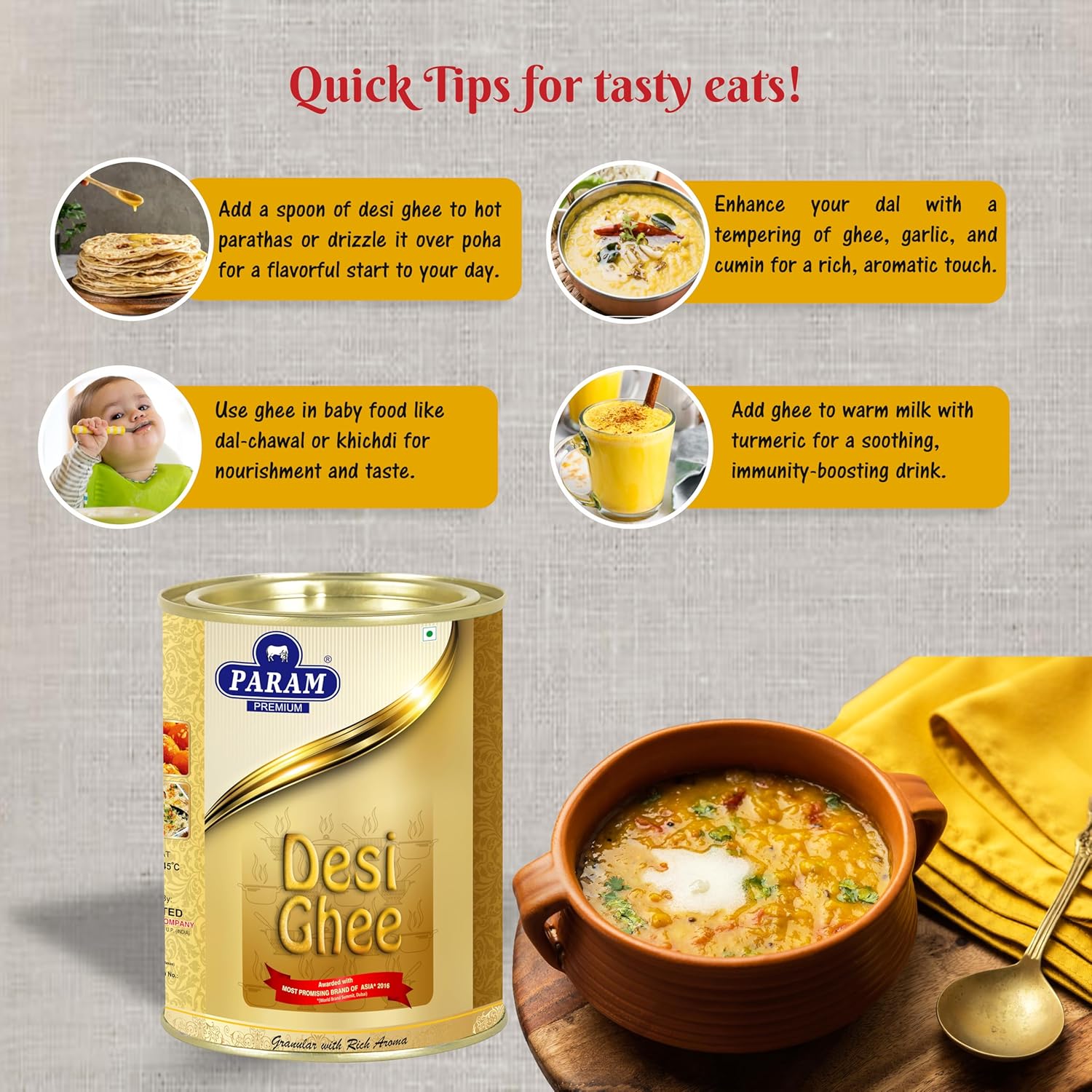 100% Pure Desi Ghee By Param Premium | Naturally Desi Ghee With Rich Aroma For Good For Body Muscles | (1 Litre) 33.8 Ounce | Tin Pack