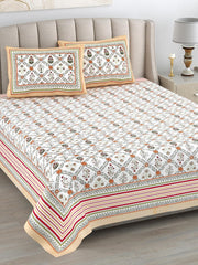 Cotton Queen Size Bedsheet For Double Bed With 2 Pillow Covers | 90 X 108 Inches, White & Orange | Cotton Bedsheet Is Suitable For All Seasons | Ultra-Soft, Skin-Safe & Breathable Fabric