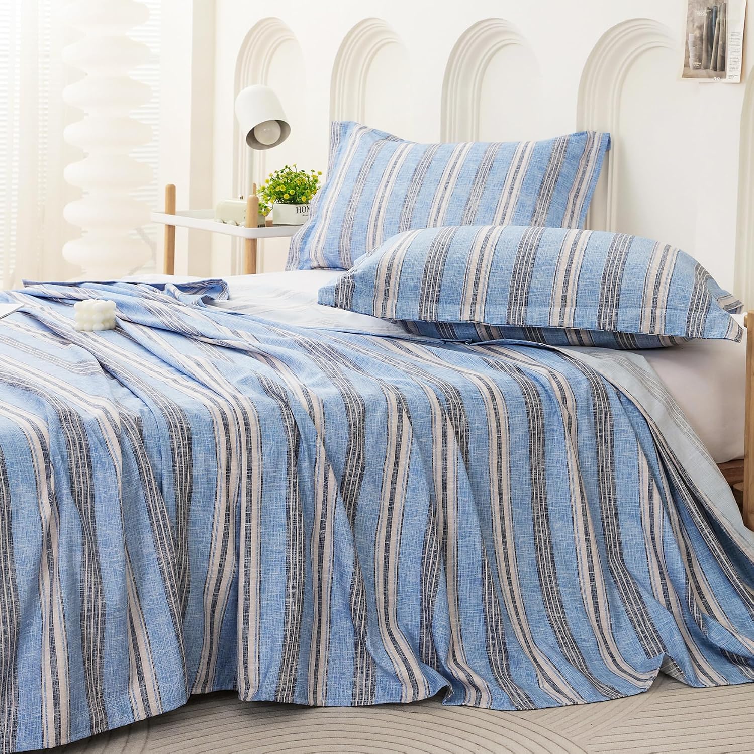 King Size Bedsheet With 2 Pillow Covers - 98 X 106 Inches, Light Blue & Cream | Summer Breathable & Wrinkle Free | Bedsheet Long Lasting & Soft To Touch