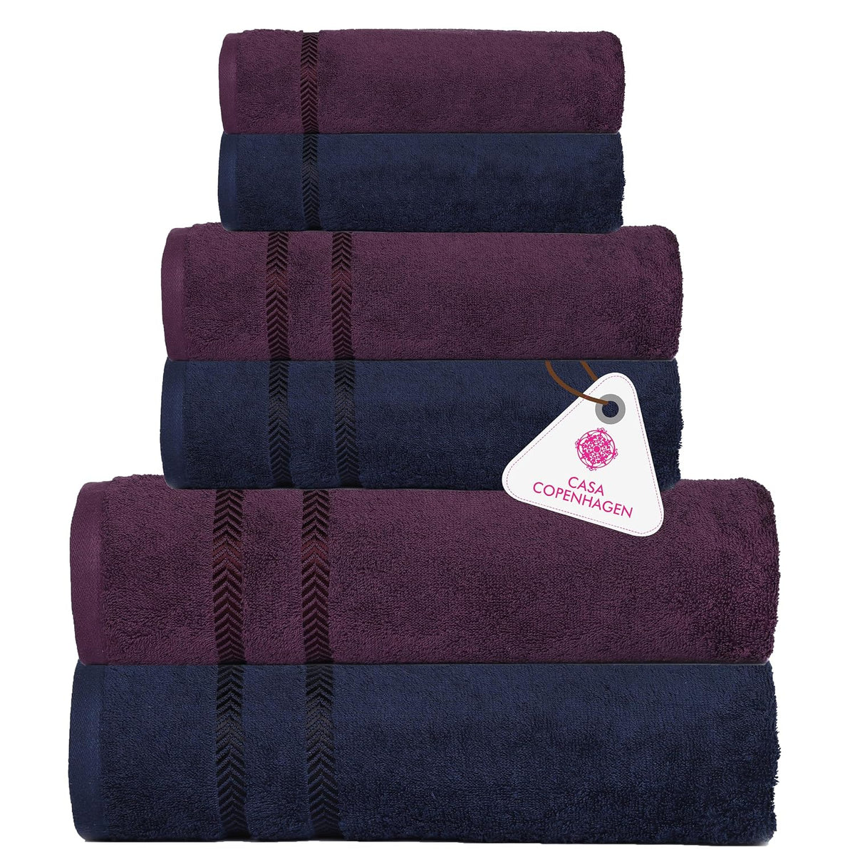 Casa Copenhagen Ember Collection 2.O 100% Super Soft Cotton 2 Bath, 2 Hand Towels & 2 Washcloths 1700 Gsm (Navy & Purple) - 6 Piece