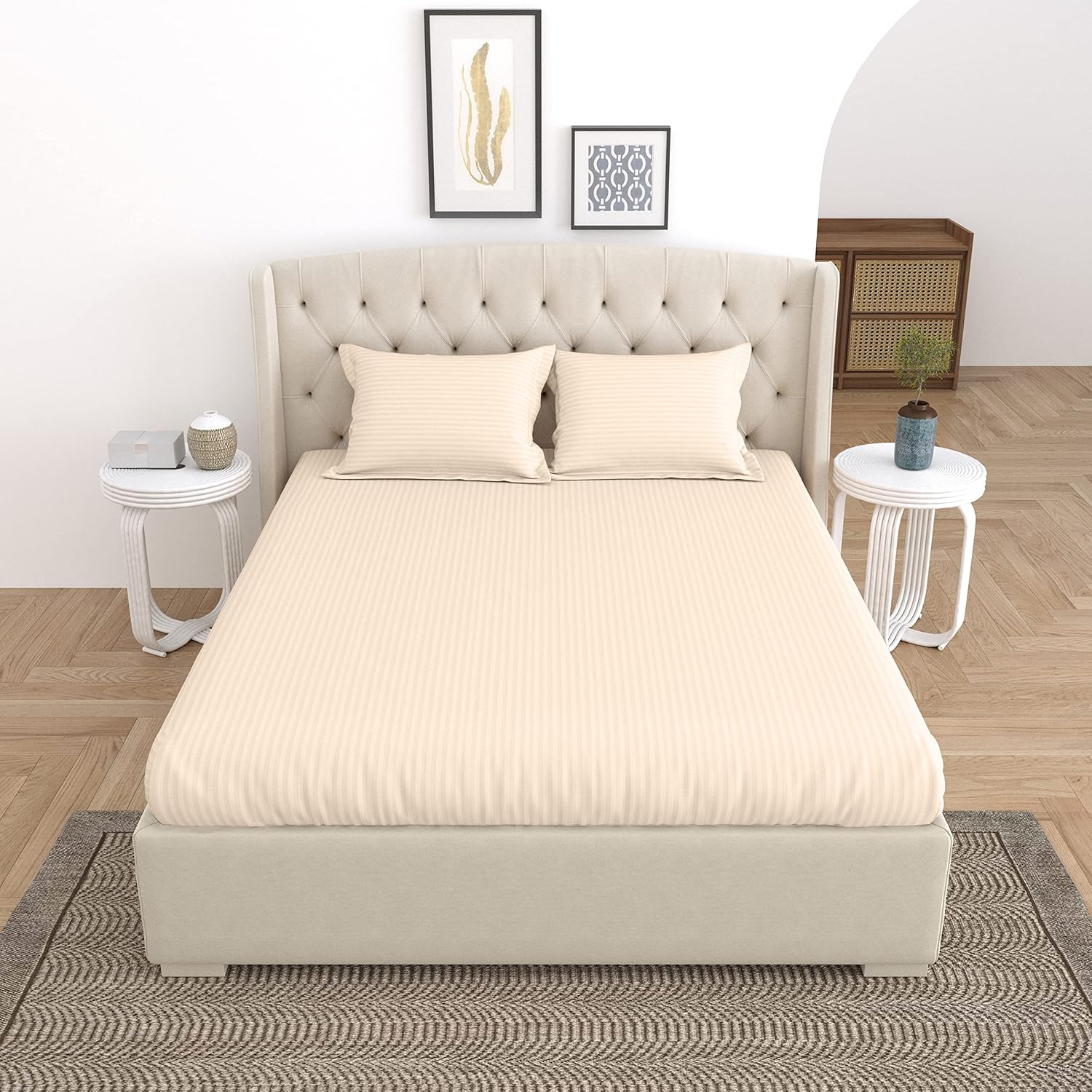 Super King Size Fitted Bedsheet With 2 Pillow Cover - 78 X 78 Inches, Beige | Super Soft Premium Brushed Glace Cotton Bedsheet, Breathable & Wrinkle Free