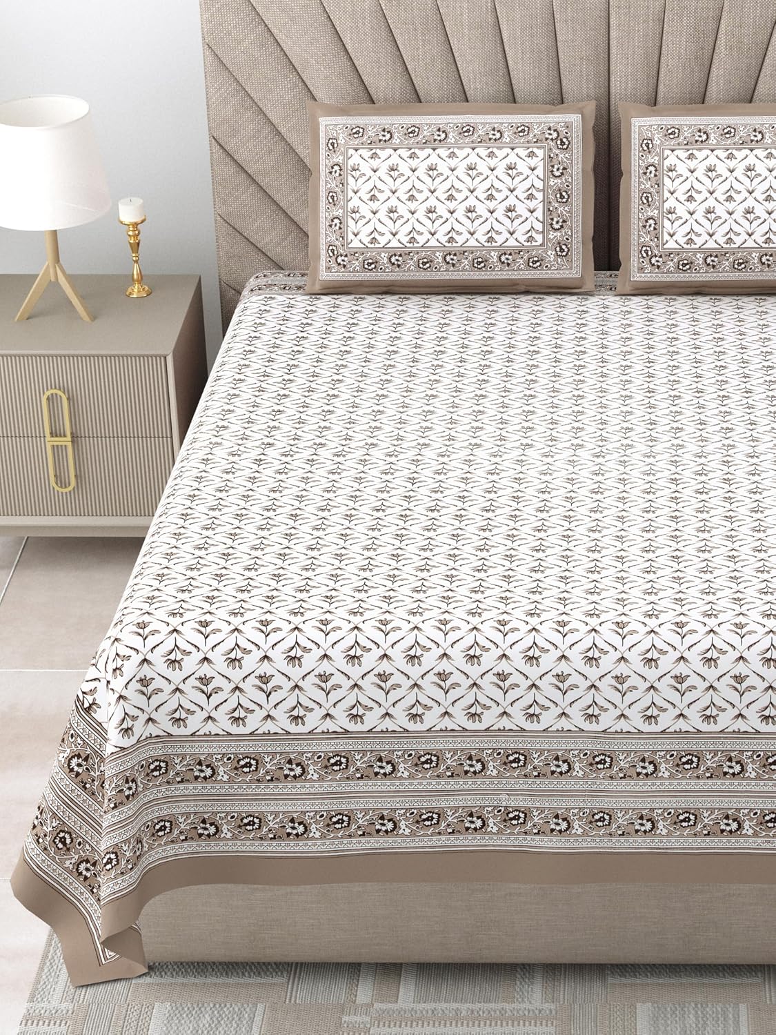Bedsheet For Queen Bed With 2 Pillow Covers - 90 X 108 Inches, Brown & White | Pure Cotton Traditional Jaipuri Printed | Ideal For Both Everyday Use & Special Events