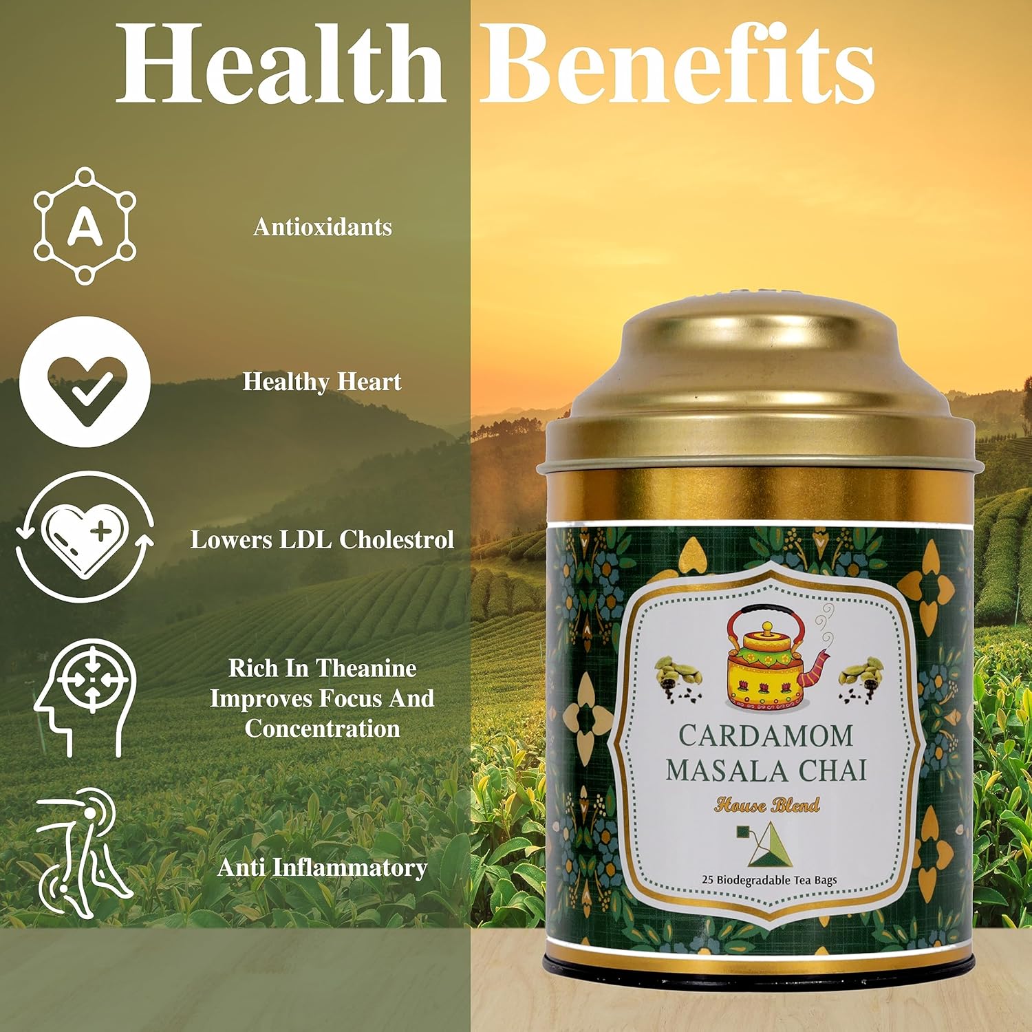 San-Cha Tea Boutique Cardamom Masala Chai - 50gm, 1.7 Ounce, 25 Pyramid Tea Bags | Real Cardamom Blend Tea - Premium Assam Tea Blend | Finest Elaichi Masala Chai - Medium Caffeine