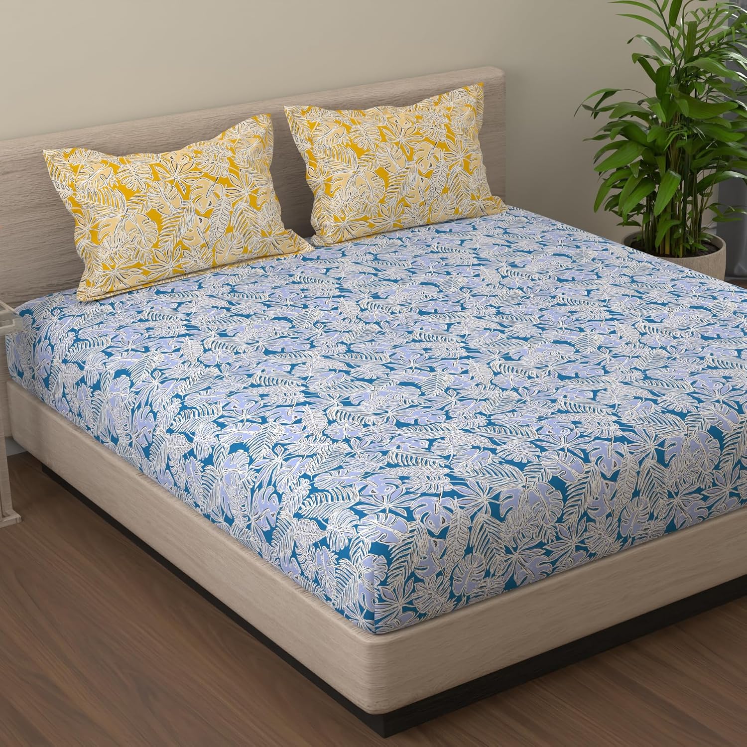 Bedsheet For Queen Size - 88 X 96 Inches, With 2 Pillow Covers, Blue & Yellow | Ideal For Daily Use & Gifting Bedsheet | Designer Printed Bedsheet Set