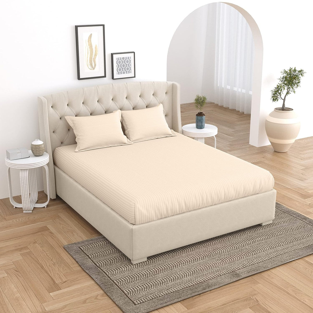 Super King Size Fitted Bedsheet With 2 Pillow Cover - 78 X 78 Inches, Beige | Super Soft Premium Brushed Glace Cotton Bedsheet, Breathable & Wrinkle Free