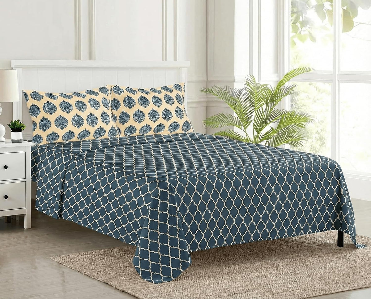 Jaipuri Design Cotton King Size Printed Bedsheet With 2 Pillow Covers - 108 X 108 Inches, Cream & Deep Sea Blue | Ideal For Home Use & Perfect For Gifting On Weddings, Housewarmings & Festivals