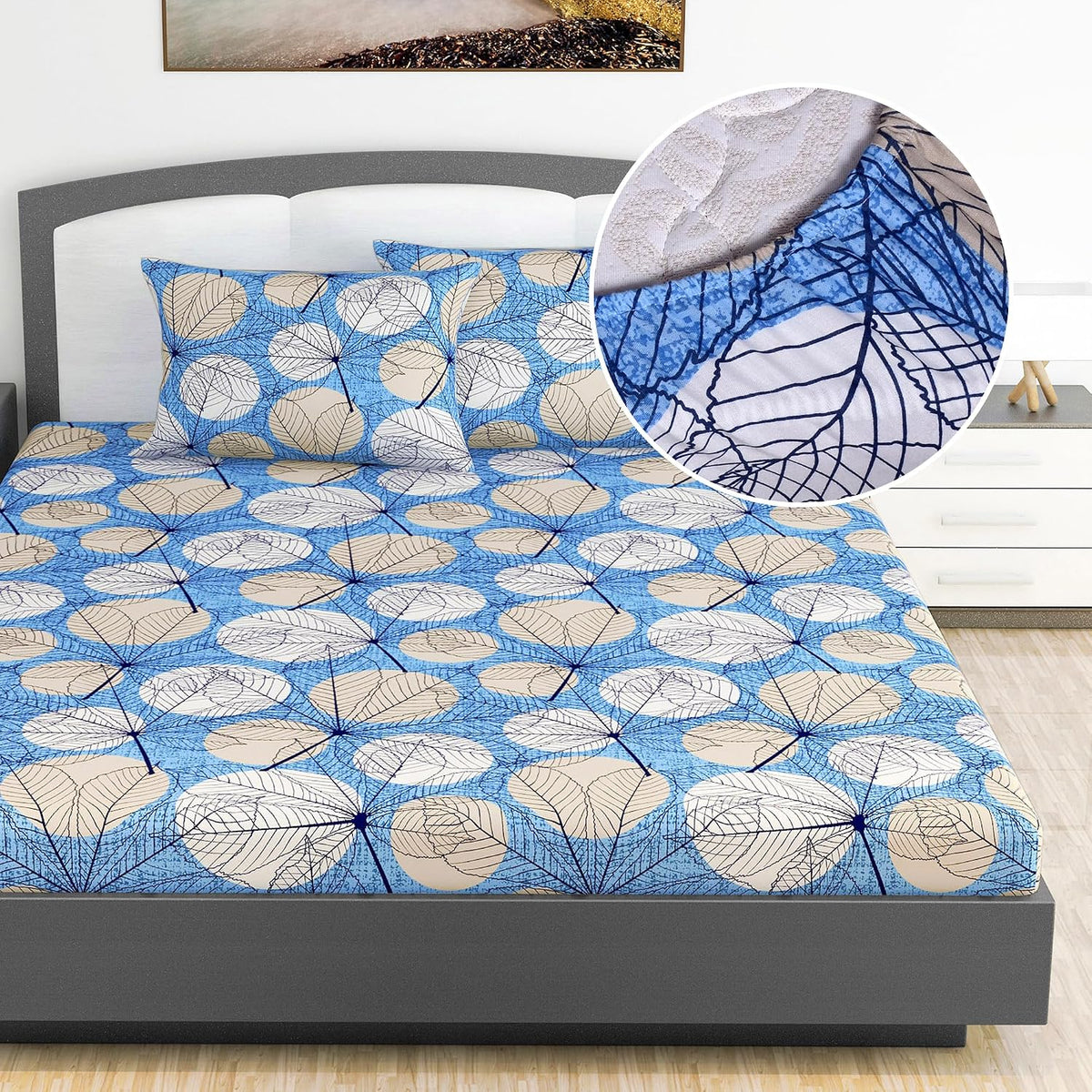 Printed King Size Double Bedsheet With 2 Pillow Cover For Bedroom | 72 X 78 + 9 Inches, Blue & White - All Around Elastic Fitted | Ideal For Everyday Use