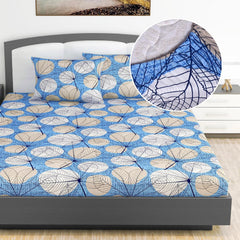 Printed King Size Double Bedsheet With 2 Pillow Cover For Bedroom | 72 X 78 + 9 Inches, Blue & White - All Around Elastic Fitted | Ideal For Everyday Use