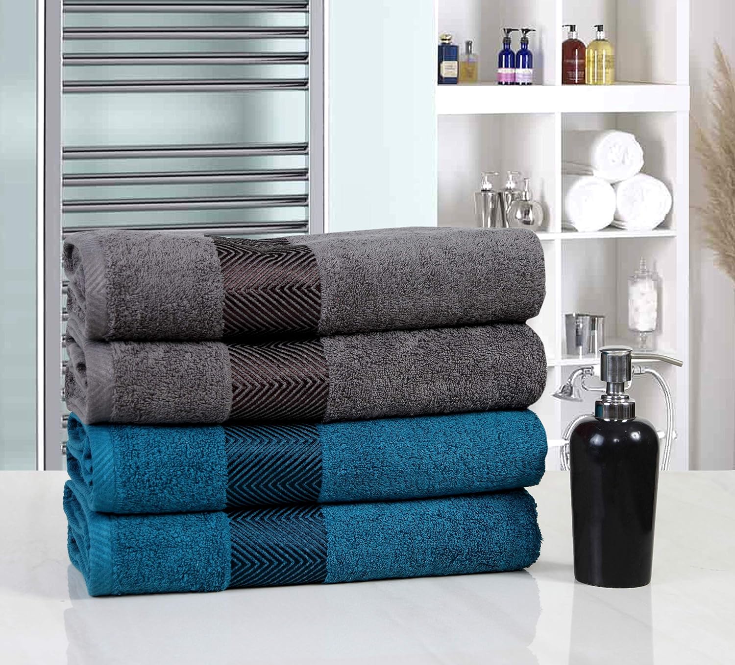 Fash Home International 500 Gsm | 100% Cotton Highly Absorbent Super Luxury Large Couple Bath Towel Set Combo Pack Of 4 (Grey & Teal)