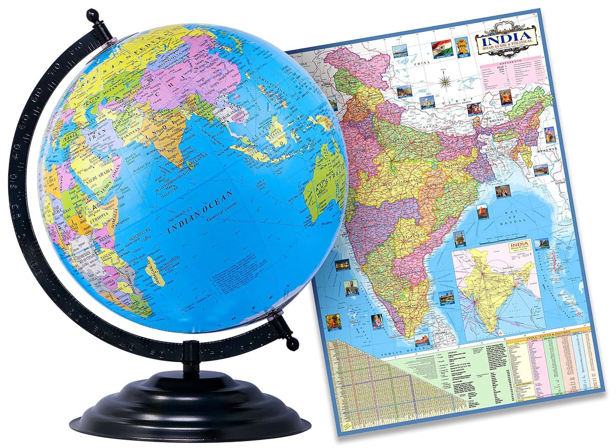 Educational Globe - 13 Inch Height Metal Base + India Political Map (70 X 100 Cm) - Home & Office Decor World Globe For Gifting & Learning