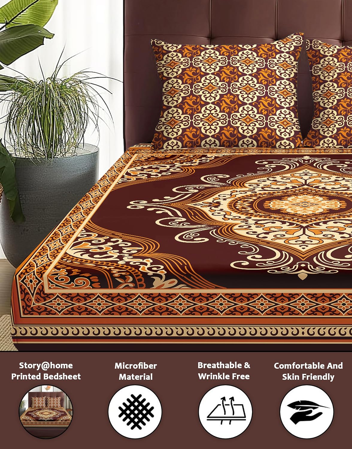 Premium Glace Cotton Bedsheet For King Size With 2 Pillow Covers - 88 X 100 Inches, Brown & Beige | Jaipuri Print Design Bedsheet | 210 Thread Count