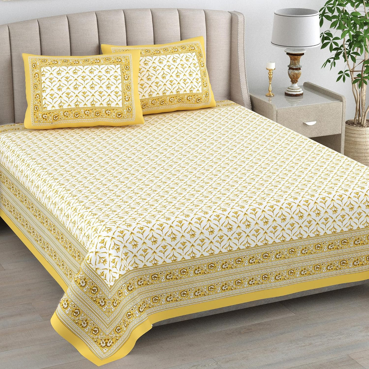 Bedsheet For Queen Bed With 2 Pillow Covers - 90 X 108 Inches, White & Yellow | Pure Cotton Traditional Jaipuri Printed | Ideal For Both Everyday Use & Special Events